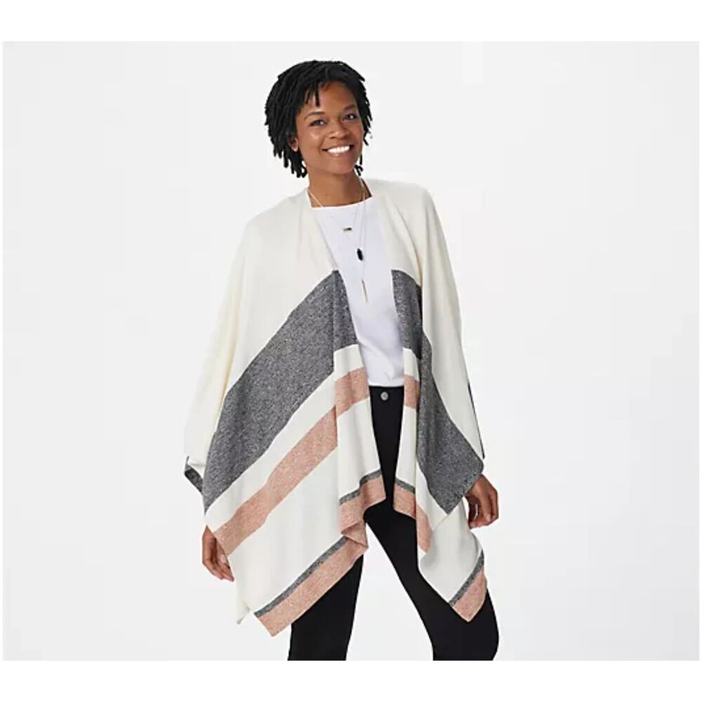 Laurie Felt Cashmere Blend Stripe Ruana Open Front Poncho